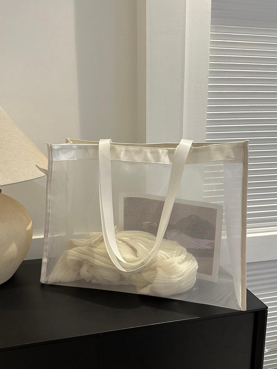 1入組沙灘袋套肩包，休閒包，大容量便攜輕巧，適用於節日、暑假、學校禮品袋，時尚極簡網狀紗材質，為大學生、女孩、女人情人節禮物，日常使用購物袋 - 白色 - 查看 1