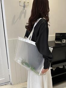 1入組沙灘袋套肩包，休閒包，大容量便攜輕巧，適用於節日、暑假、學校禮品袋，時尚極簡網狀紗材質，為大學生、女孩、女人情人節禮物，日常使用購物袋 - 白色 - 查看 2