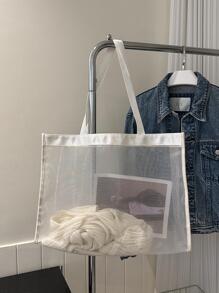 1入組沙灘袋套肩包，休閒包，大容量便攜輕巧，適用於節日、暑假、學校禮品袋，時尚極簡網狀紗材質，為大學生、女孩、女人情人節禮物，日常使用購物袋 - 白色 - 查看 6