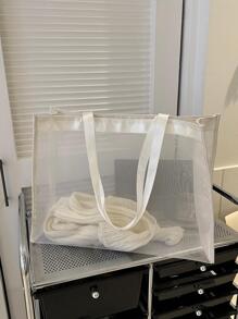 1入組沙灘袋套肩包，休閒包，大容量便攜輕巧，適用於節日、暑假、學校禮品袋，時尚極簡網狀紗材質，為大學生、女孩、女人情人節禮物，日常使用購物袋 - 白色 - 查看 7