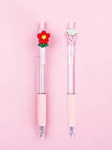 2 piezas Pluma de gel flor & fresa adorno gel moderno portátil para alumno - Rosa Pálido - Ver 1