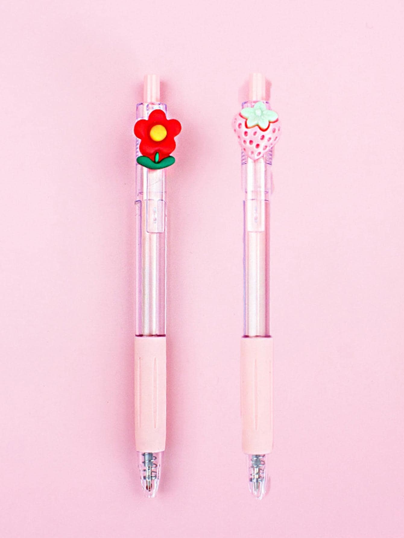 2 piezas Pluma de gel flor & fresa adorno gel moderno portátil para alumno - Rosa Pálido - Ver 1