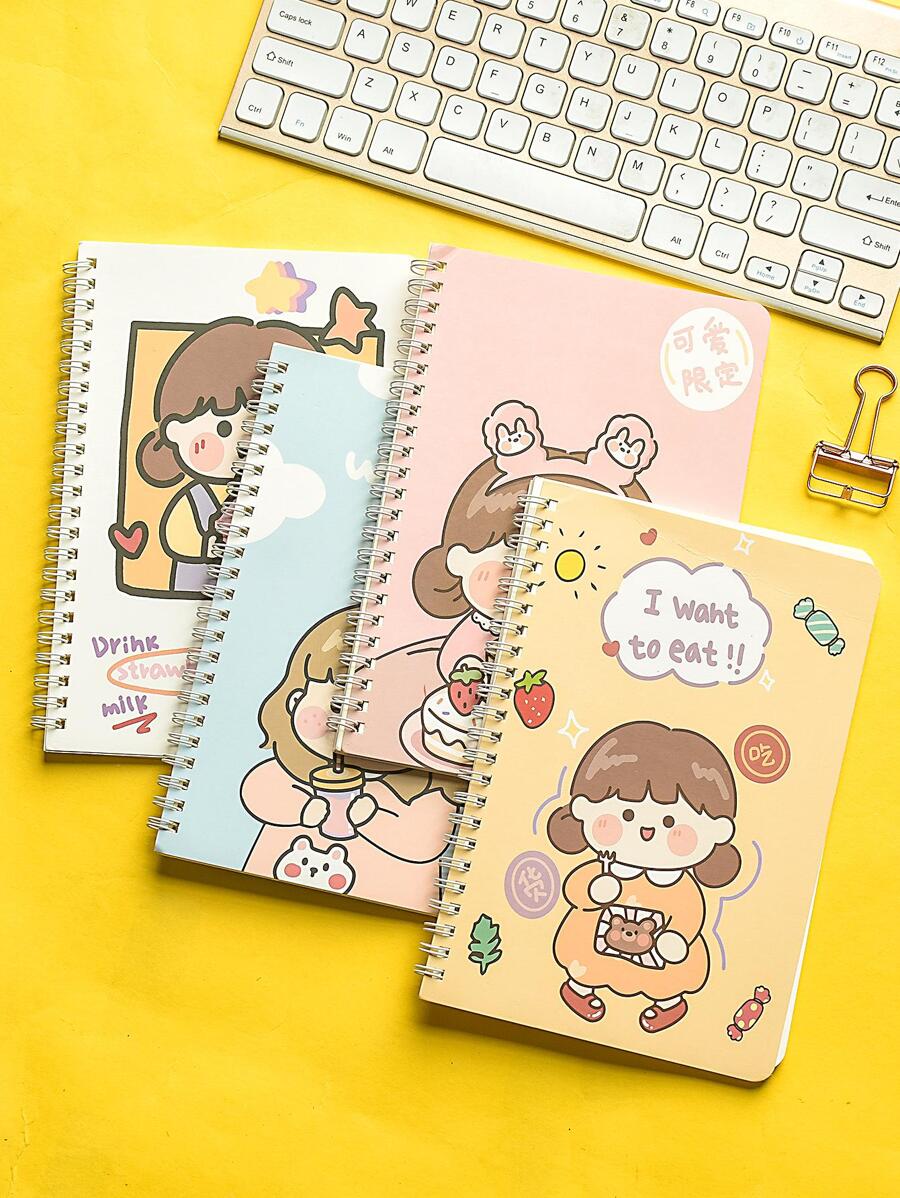 M O K A 4pcs Cartoon Graphic Spiral Notebook - Multicolor - View 1