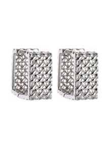 Men Textured Metal Design Hoop Earrings - Silver - View 4