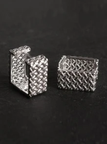 Men Textured Metal Design Hoop Earrings - Silver - View 3