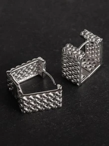 Men Textured Metal Design Hoop Earrings - Silver - View 1