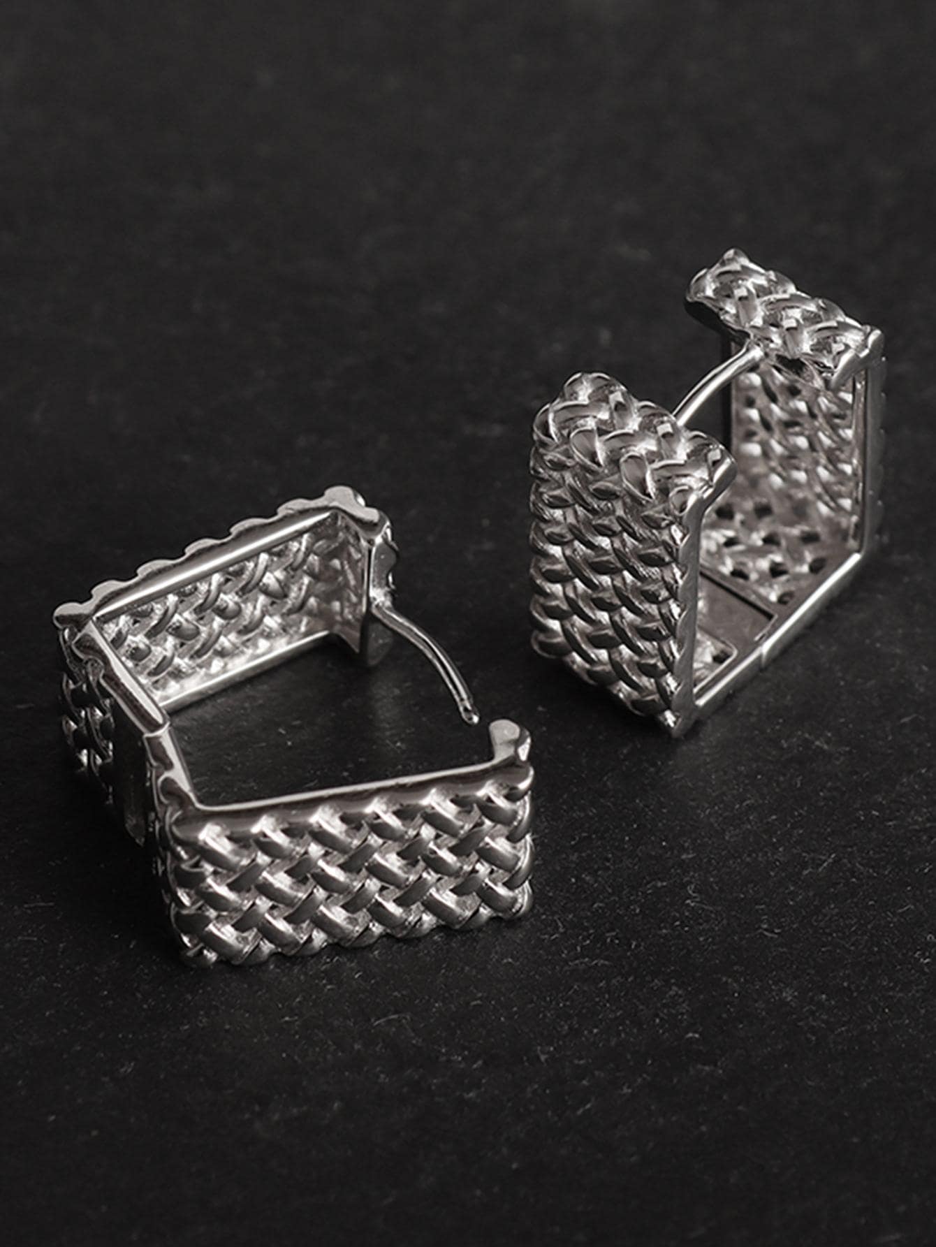 Men Textured Metal Design Hoop Earrings - Silver - View 1