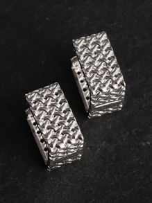 Men Textured Metal Design Hoop Earrings - Silver - View 5