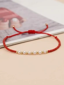 Faux Pearl Decor Bracelet - Red - View 2