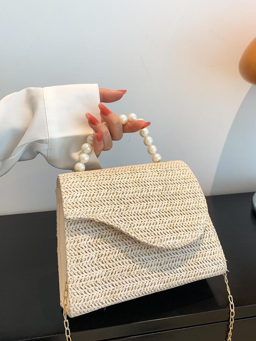 迷你草編包極簡風格頂部單條提帶適用於度假 - 米色 - 查看 1