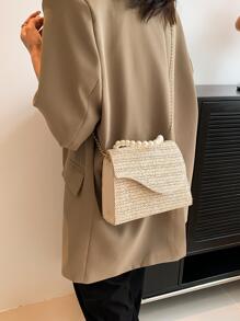 迷你草編包極簡風格頂部單條提帶適用於度假 - 米色 - 查看 2