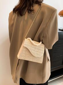 迷你草編包極簡風格頂部單條提帶適用於度假 - 米色 - 查看 3