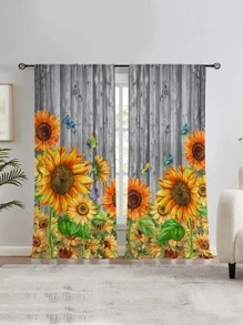 2 件裝復古鄉村風格木紋向日葵印花半遮光客廳和臥室裝飾窗簾 - 彩色 - 查看 1