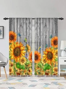 2 件裝復古鄉村風格木紋向日葵印花半遮光客廳和臥室裝飾窗簾 - 彩色 - 查看 4