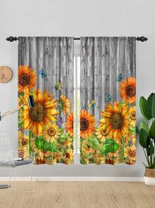 2 件裝復古鄉村風格木紋向日葵印花半遮光客廳和臥室裝飾窗簾 - 彩色 - 查看 3