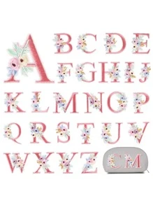 Flower & Letter Embroidered DIY Sewing Patch - Pink - View 2