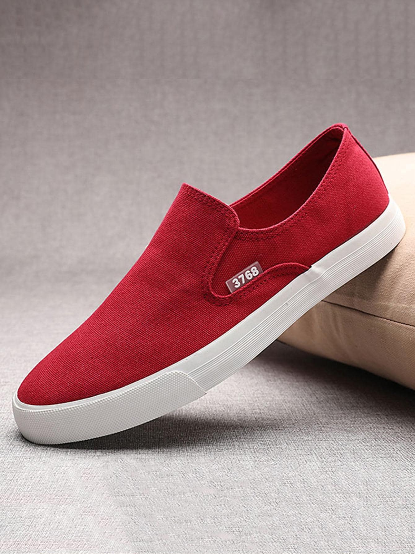 Sporty Burgundy Sneakers For Men, Number Patch Decor Slip On Shoes - Burgundy - View 1