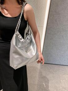 New Fashion Chain Trendy Solid Colour Single Shoulder Bucket Bag Crossbody Tote Bag With Large Capacity - Silver - View 3
