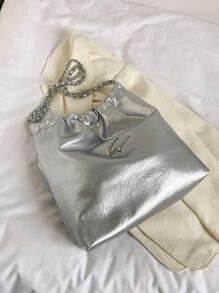 New Fashion Chain Trendy Solid Colour Single Shoulder Bucket Bag Crossbody Tote Bag With Large Capacity - Silver - View 7