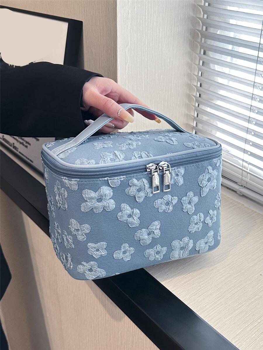花卉图案化妆包顶部手柄拉链化妆包化妆品收纳包化妆品收纳包返校用品 - 藍色 - 查看 1