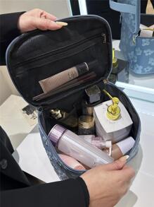 花卉图案化妆包顶部手柄拉链化妆包化妆品收纳包化妆品收纳包返校用品 - 藍色 - 查看 2