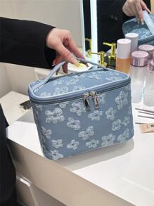 花卉图案化妆包顶部手柄拉链化妆包化妆品收纳包化妆品收纳包返校用品 - 藍色 - 查看 5