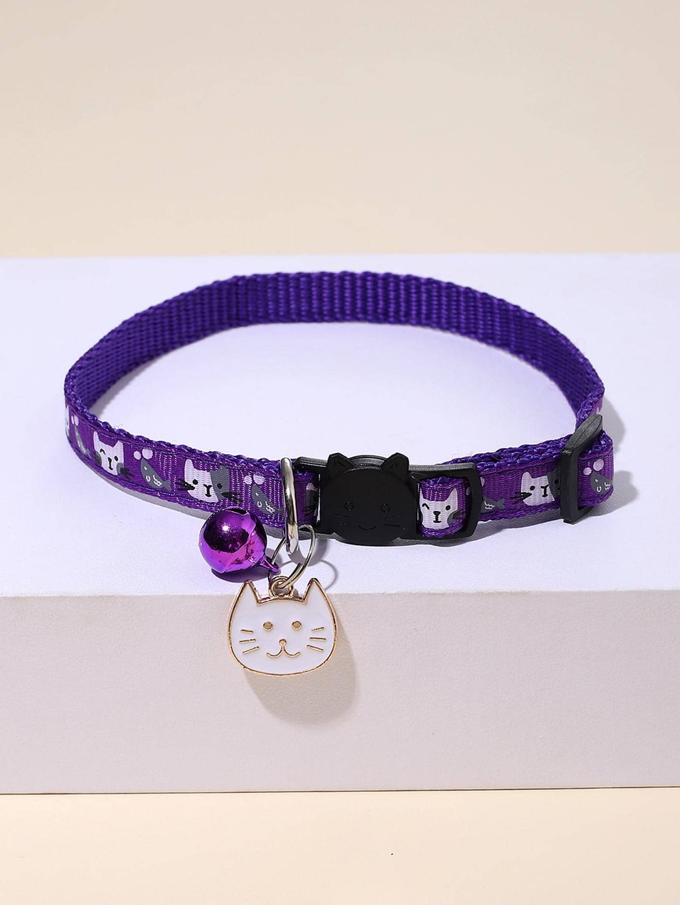 1 pieza Collar para mascota con patrón de gato con diseño de campana - Morado - Ver 1