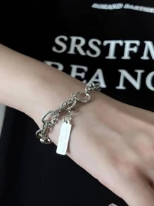 字母細節方形吊墜手鏈 - 銀色 - 查看 4