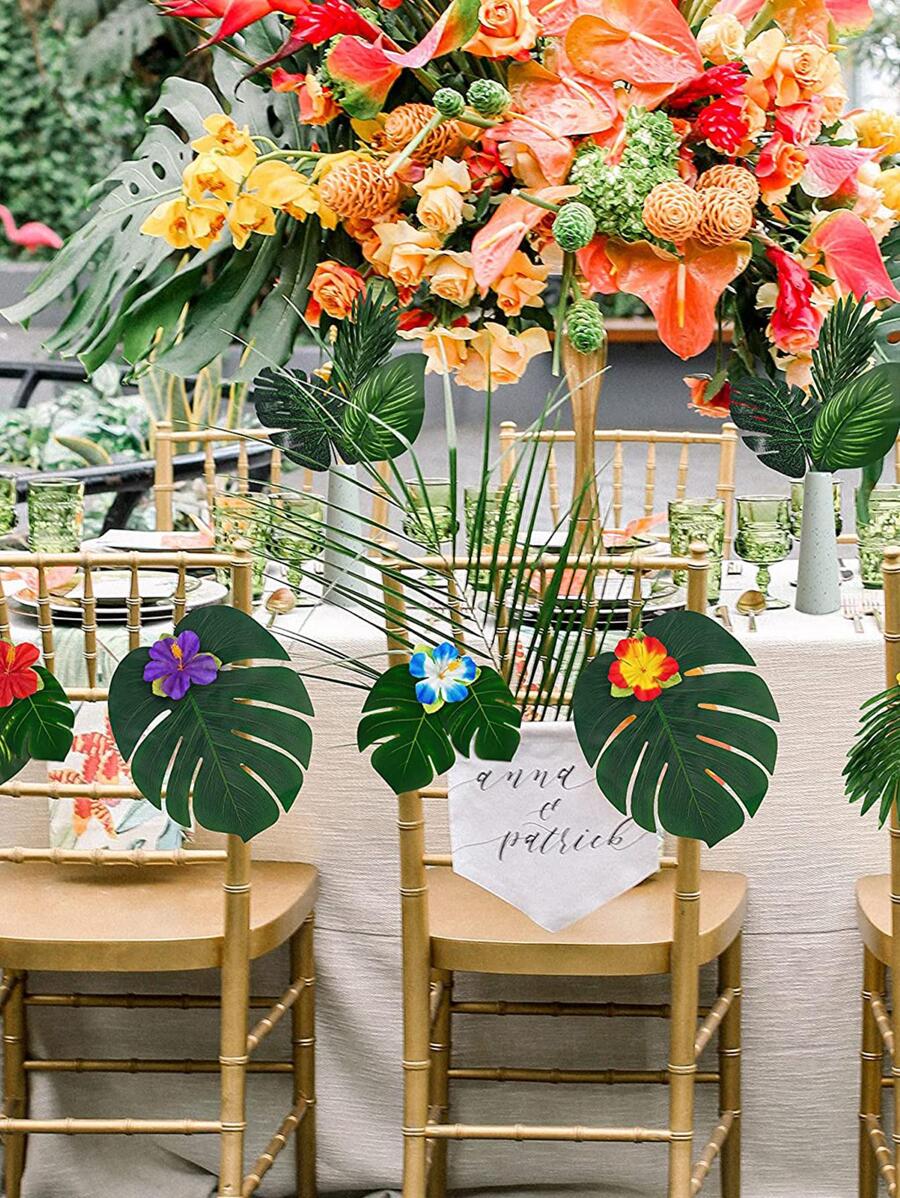 46pcs Artificial Tropical Palm Leaf Plant Hibiscus Hawaiian Luau Safari