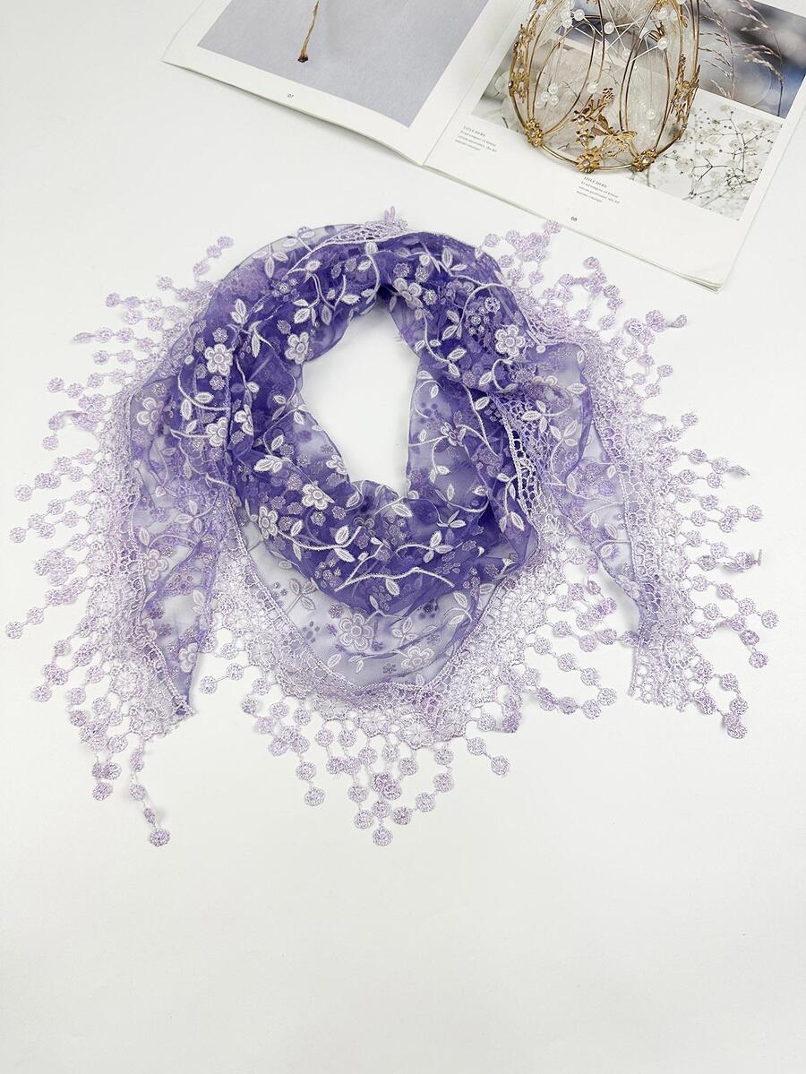 Pañuelo con bordado floral ribete con malla - Morado - Ver 1