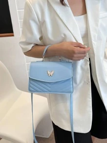 Small Square Bag Chevron Quilted Butterfly Decor Top Handle - Blue - View 3