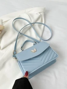 Small Square Bag Chevron Quilted Butterfly Decor Top Handle - Blue - View 1