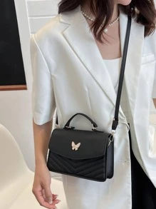 Small Square Bag Chevron Quilted Butterfly Decor Top Handle, Butterfly Bag Valentines - Black - View 3