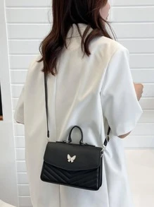 Small Square Bag Chevron Quilted Butterfly Decor Top Handle, Butterfly Bag Valentines - Black - View 4