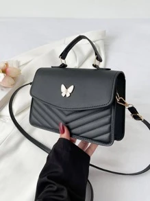 Small Square Bag Chevron Quilted Butterfly Decor Top Handle, Butterfly Bag Valentines - Black - View 7