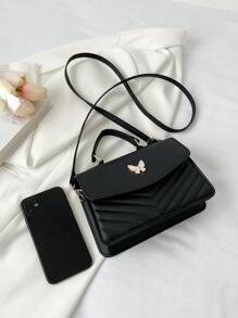 Small Square Bag Chevron Quilted Butterfly Decor Top Handle, Butterfly Bag Valentines - Black - View 6
