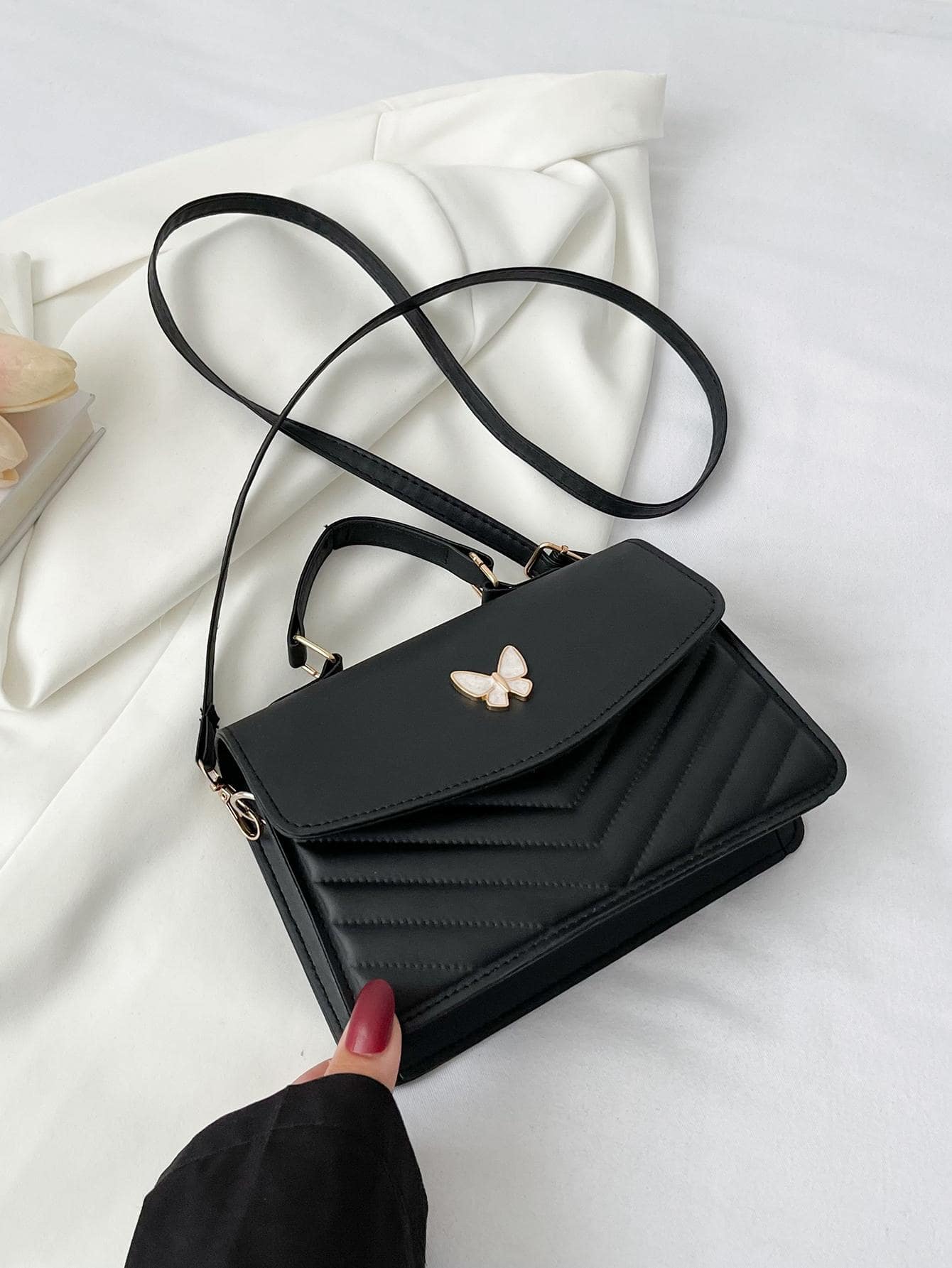 Small Square Bag Chevron Quilted Butterfly Decor Top Handle, Butterfly Bag Valentines - Black - View 1