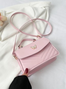 蝴蝶鑽石棋盤格翻蓋頂部單條提帶單肩包 - 粉色 - 查看 1