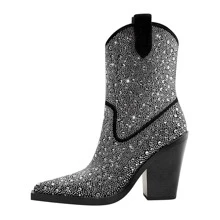 Women Rhinestone Decor Point Toe Chunky Heeled Boots, Glamorous Party Western Boots - Black - View 1