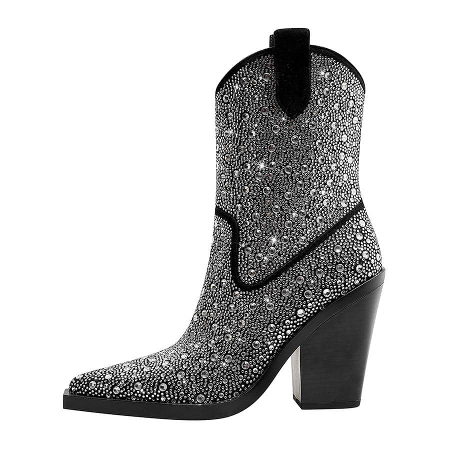 Women Rhinestone Decor Point Toe Chunky Heeled Boots, Glamorous Party Western Boots - Black - View 1