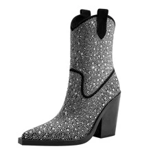 Women Rhinestone Decor Point Toe Chunky Heeled Boots, Glamorous Party Western Boots - Black - View 2