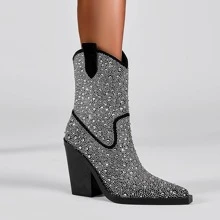 Women Rhinestone Decor Point Toe Chunky Heeled Boots, Glamorous Party Western Boots - Black - View 5