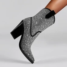 Women Rhinestone Decor Point Toe Chunky Heeled Boots, Glamorous Party Western Boots - Black - View 6