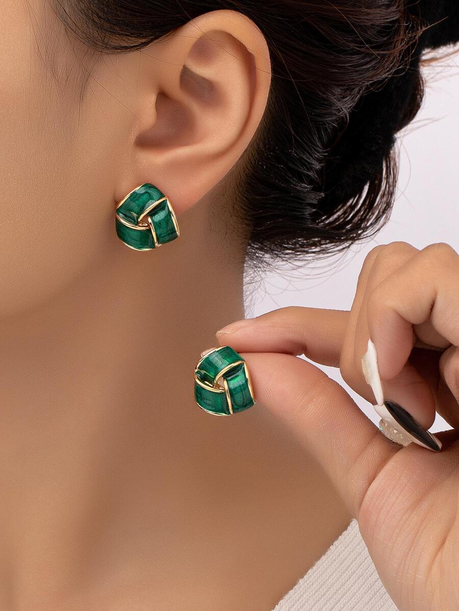 Geometric Stud Earrings - Green - View 1