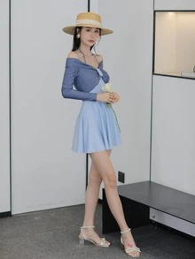 雙色褶邊連體泳衣 - 霧霾藍 - 查看 4