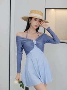 雙色褶邊連體泳衣 - 霧霾藍 - 查看 5