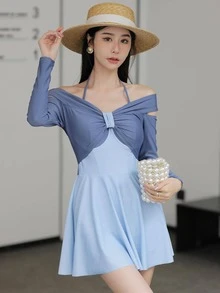 雙色褶邊連體泳衣 - 霧霾藍 - 查看 10