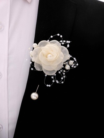 1pc White Elegant Flower & Faux Pearl Decor Boutonniere For Wedding Valentine's Day Valentines
