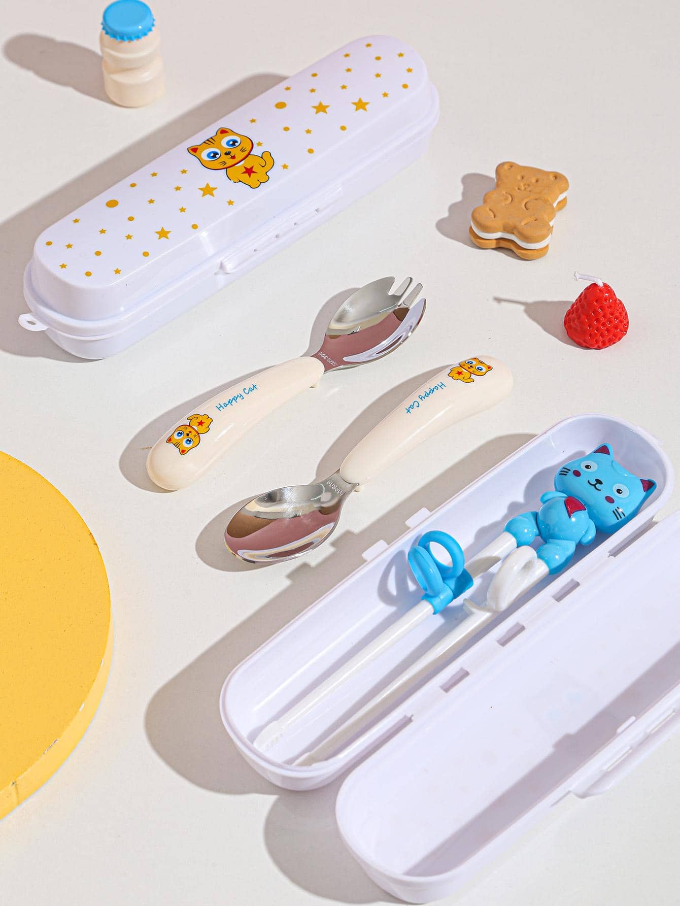 1 เซต กราฟฟิค การ์ตูน ชุดช้อนส้อม & กล่องเก็บของ - สีขาว - ดู 1