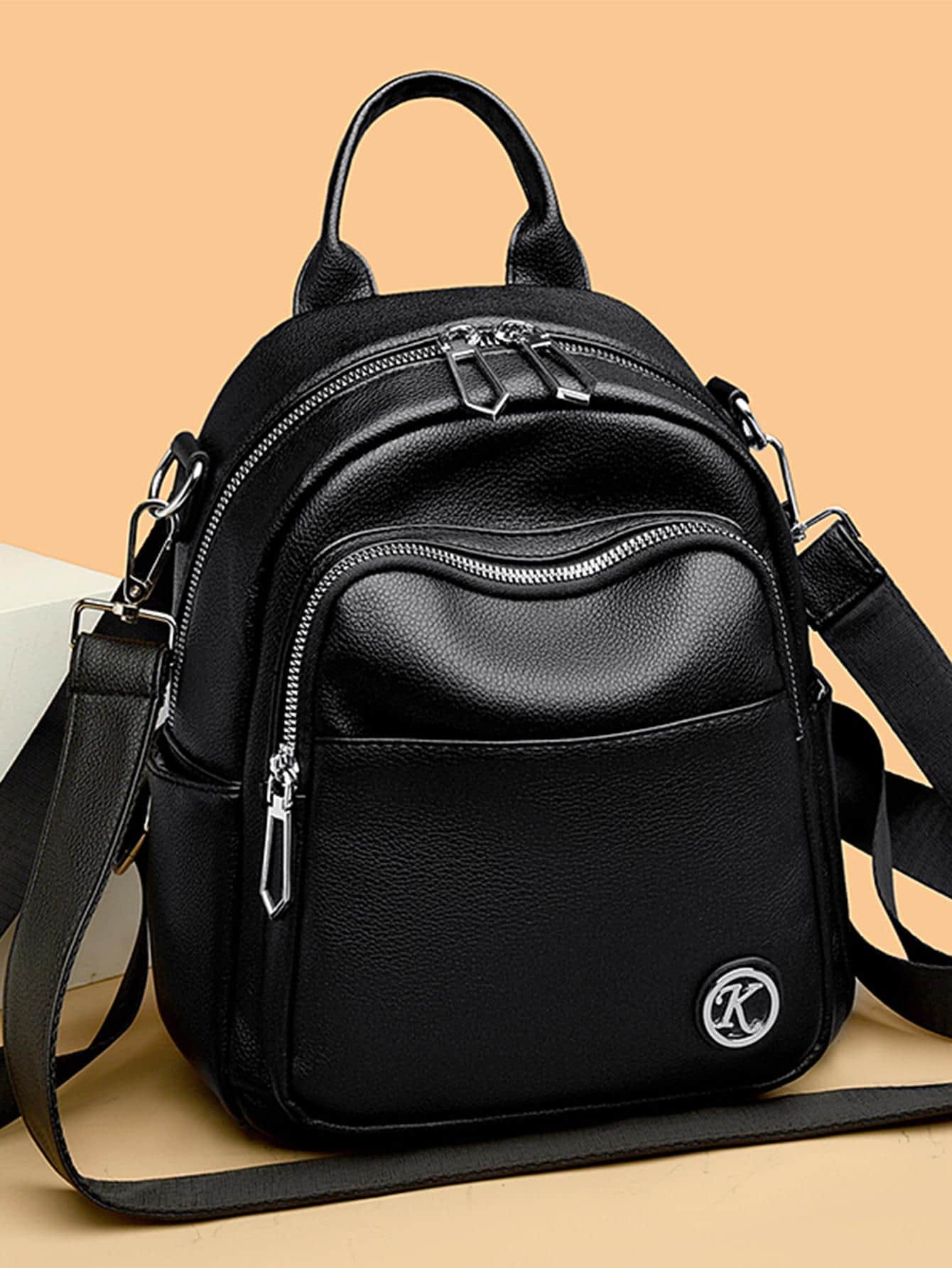 Letter Patch Black Fashion Backpack - Black - View 1